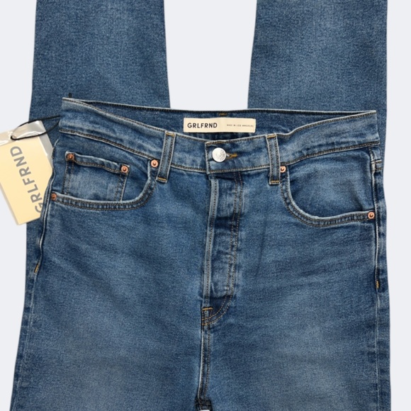 GRLFRND Jean 29 Blue Distressed Super Hi Rise Button Fly Slim Crop Stretch Piper - Picture 2 of 10